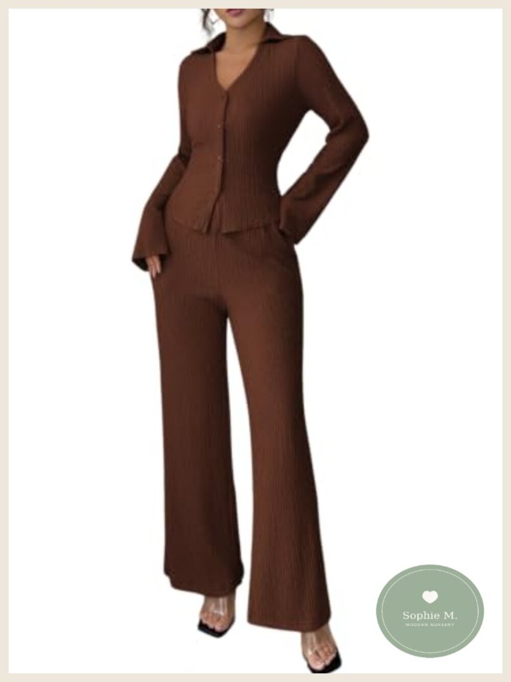 Volemo Women's Two Piece Lounge Set Collared Shirt Wide Leg Pants